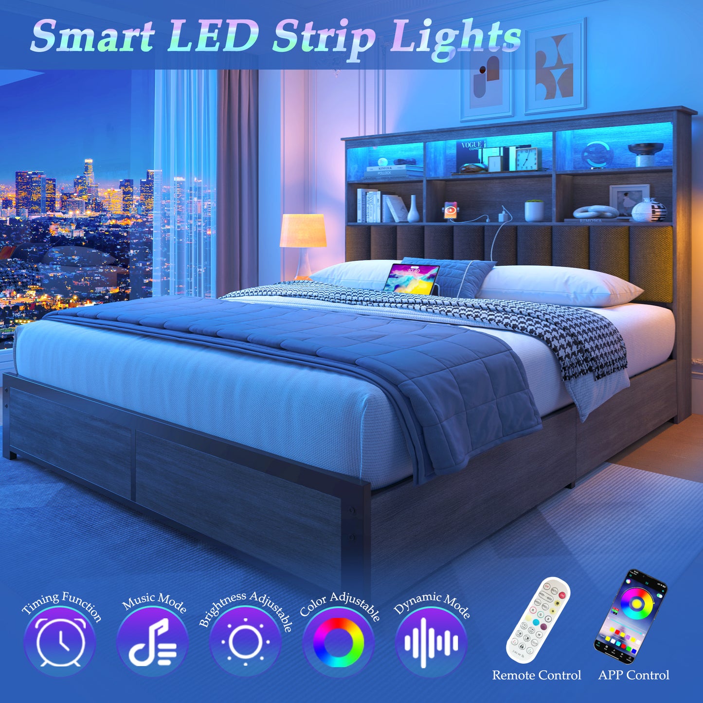 Fluest Queen/Full Bed Frame with Headboard, Metal Platform Queen Bed Frame with High Bookcase Headboard, 4 Storage Drawers & Charging Station & LED, Noise-Free, NO Box Spring Needed,Rustic Grey/Vintage Brown