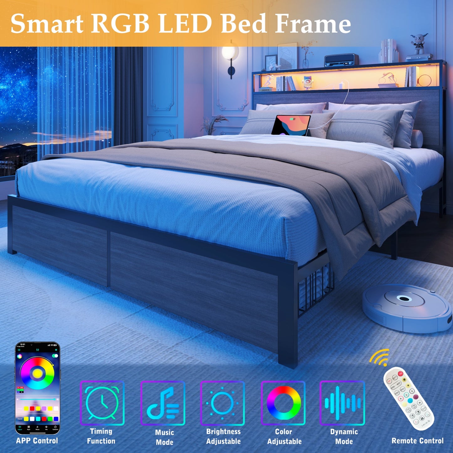 Fluest Queen Bed Frame with 2-Tier Storage Headboard, Metal Bed Frame with Storage Drawers & Built-in Charging Station & LED, Noise-Free, No Box Spring Needed, Easy Assembly, Rustic Grey