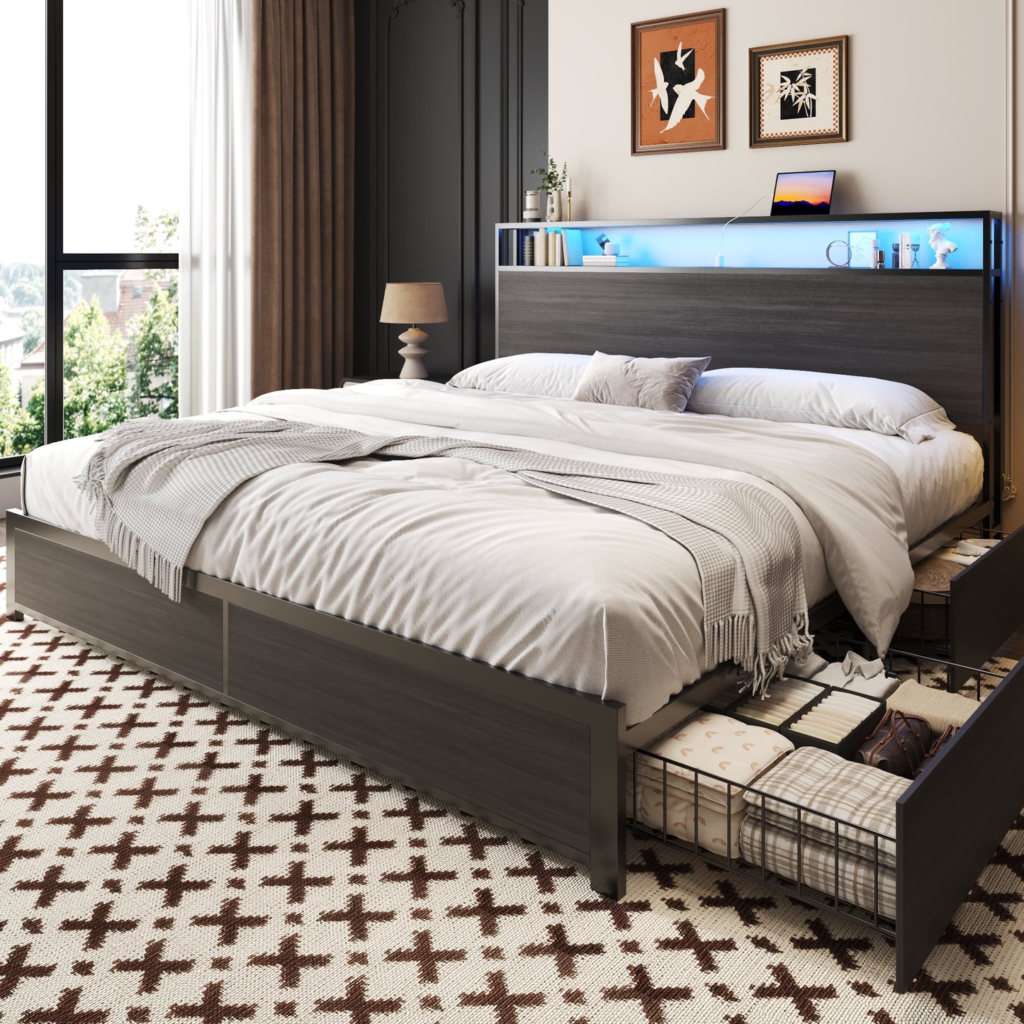 Fluest King Bed Frame with 2-Tier Storage Headboard, USB Port and LED Light, 4 Storage Drawers, Gray