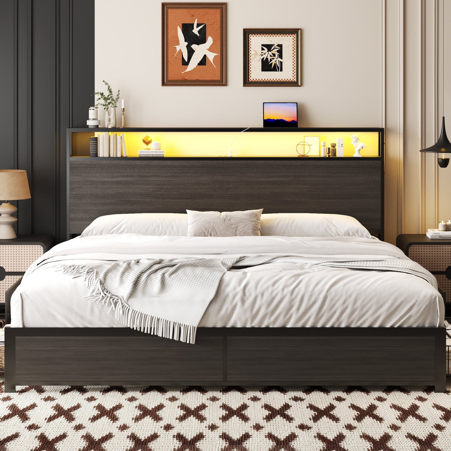 Fluest King Bed Frame with 2-Tier Storage Headboard, USB Port and LED Light, 4 Storage Drawers, Gray