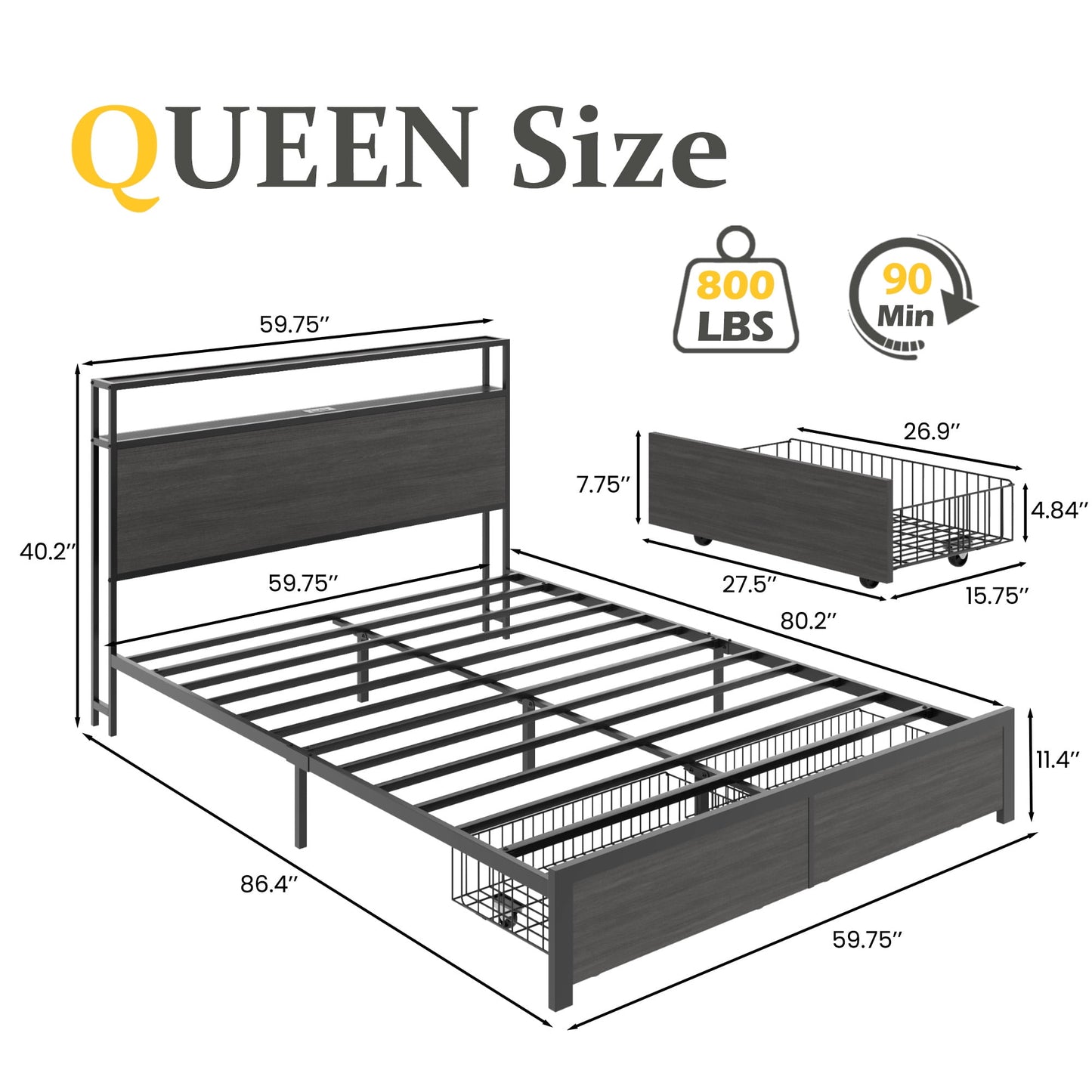 Fluest Queen Bed Frame with 2-Tier Storage Headboard, Metal Bed Frame with Storage Drawers & Built-in Charging Station & LED, Noise-Free, No Box Spring Needed, Easy Assembly, Rustic Grey