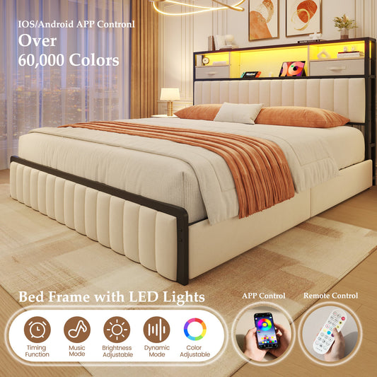 Queen Bed Frame with Storage, Upholstered Platform Bed with Headboard and 4 Drawers, LED Lights and Charging Station, Noise Free, No Box Spring Needed, Easy Assembly, Metal Support, Beige