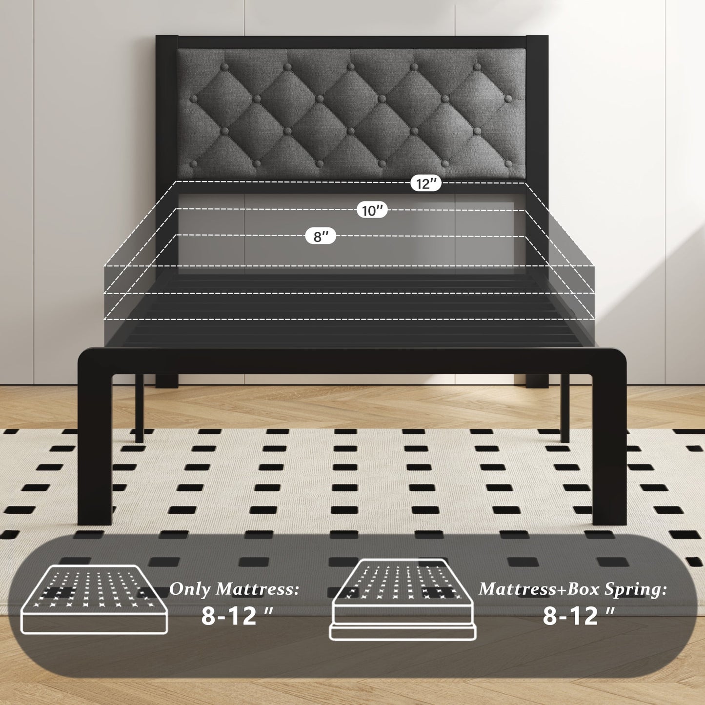 Fluest Bed Frame with Headboard Linen Upholstered, All Metal Slats Support Platform, Twin, Grey