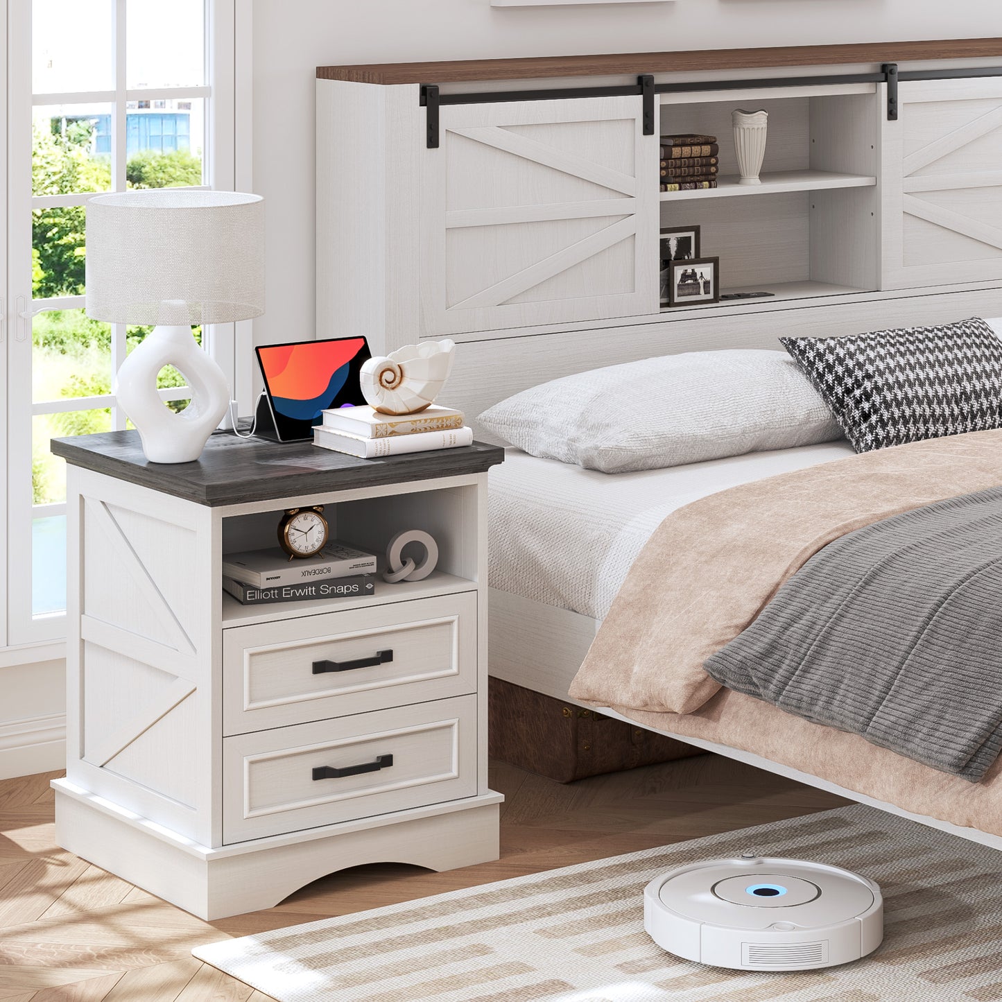 Fluest 24” Tall Farmhouse Nightstands, Night Stands with Charging Station, Beside Tables with Drawers and Open Storage, Rustic End Tables for Bedroom, Antique White/Black