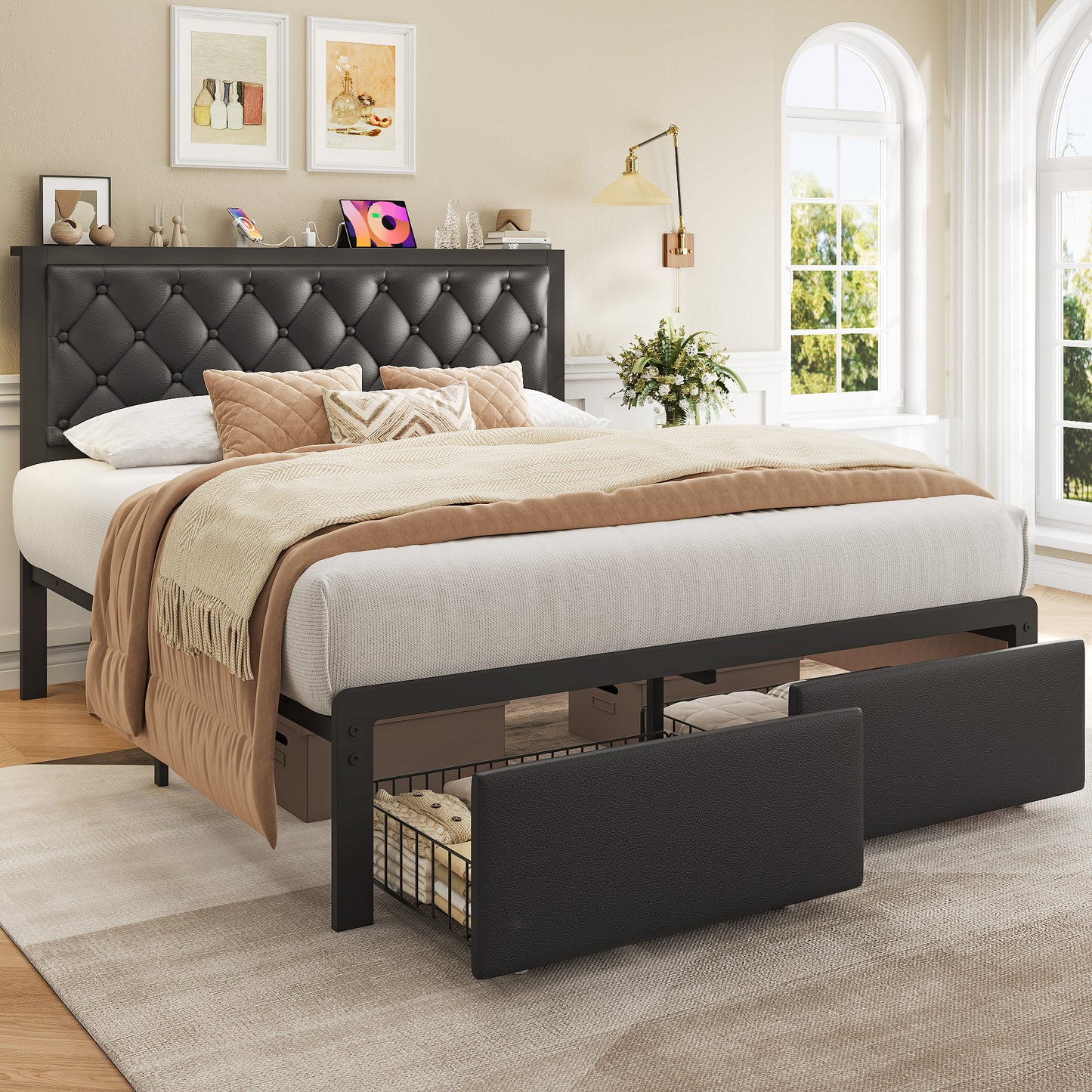 Queen Bed Frame with 2 Storage Drawers, Upholstered Headboard Button Tufted Bed Frame with Charging Station, No Box Spring Needed, Noise-Free, All Metal Structure, Black