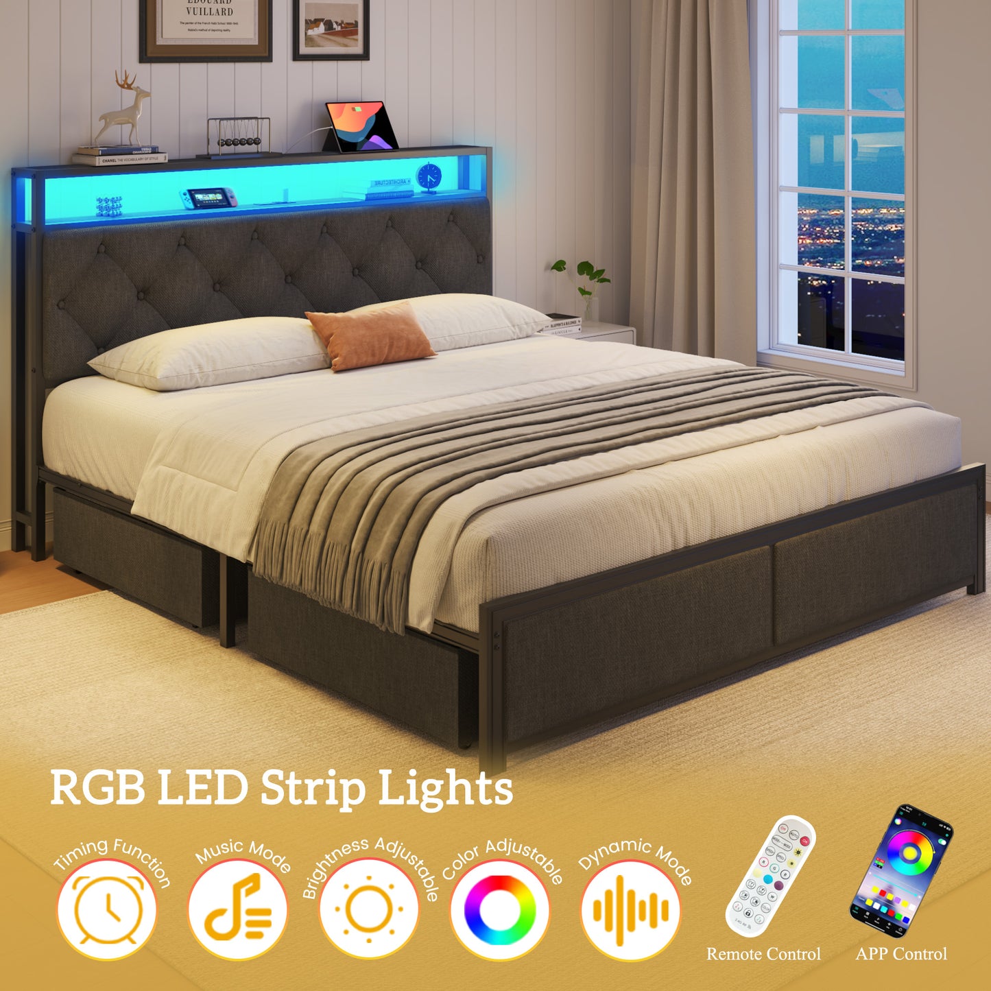 Fluest Queen Bed Frame with Headboard, Storage Drawers, Fast Charging Station, Led Lights, Bed Frame Queen Size with Fabric Drawers, Metal Structure, No Box Spring Needed, Easy Assembly