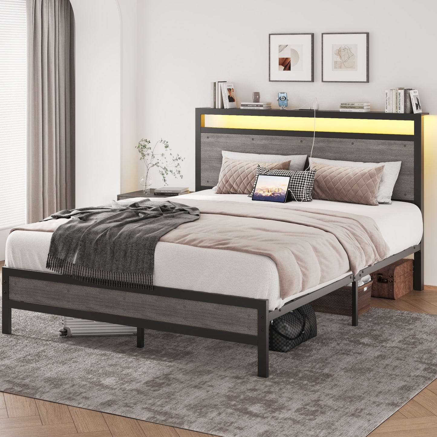 Fluest Queen Bed Frame with LED Headboard & Charging Station, Noise-Free, No Box Spring Needed, Rustic Grey