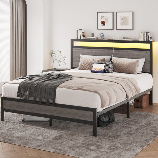 Fluest Queen Bed Frame with LED Headboard & Charging Station, Noise-Free, No Box Spring Needed, Rustic Grey
