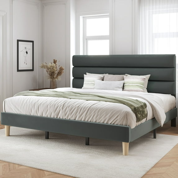 Fluest King Bed Frame with Velvet Upholstered Headboard, Metal Support, No Box Spring Needed, Noise Free, Easy Assembly, Grey