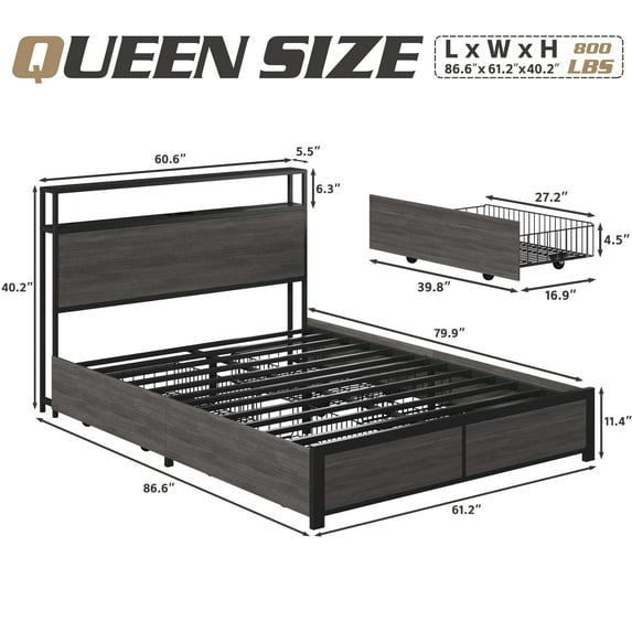 Metal Platform Bed Frame with 2-Tier Headboard,Queen,USB Port & LED Light, 4 Storage Drawers, No Box Spring Needed, Noise Free, Grey