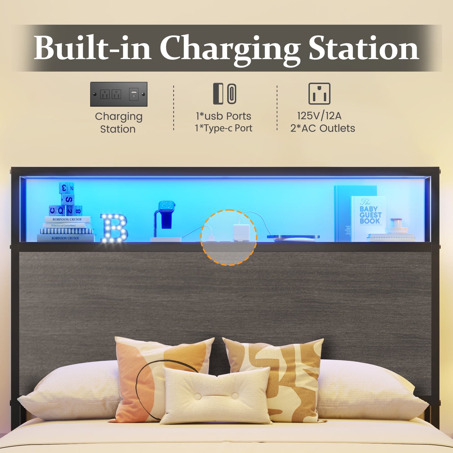 Fluest Twin Bed Frame with 2-Tier Storage Headboard, USB Port and LED Light, 4 Storage Drawers, Brown