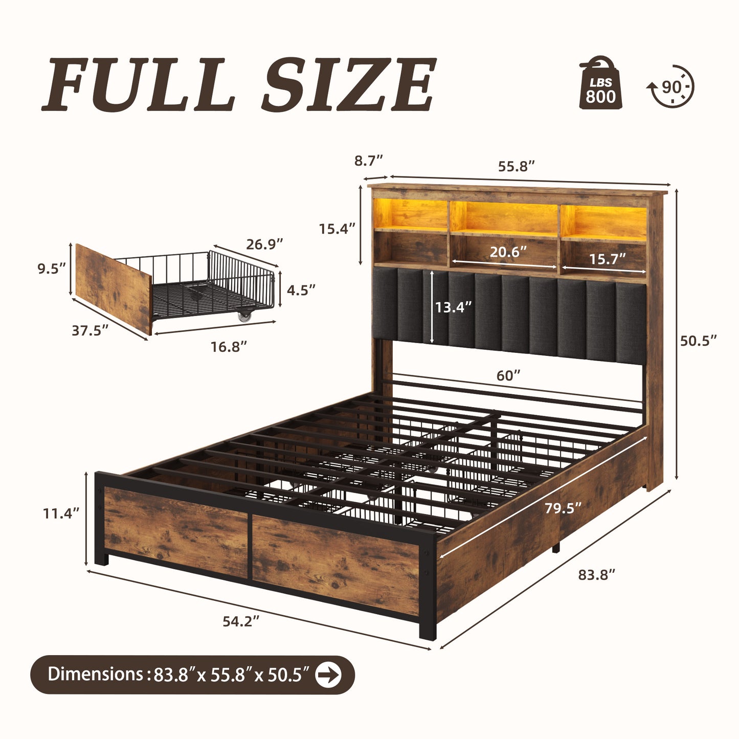 Fluest Queen/Full Bed Frame with Headboard, Metal Platform Queen Bed Frame with High Bookcase Headboard, 4 Storage Drawers & Charging Station & LED, Noise-Free, NO Box Spring Needed,Rustic Grey/Vintage Brown