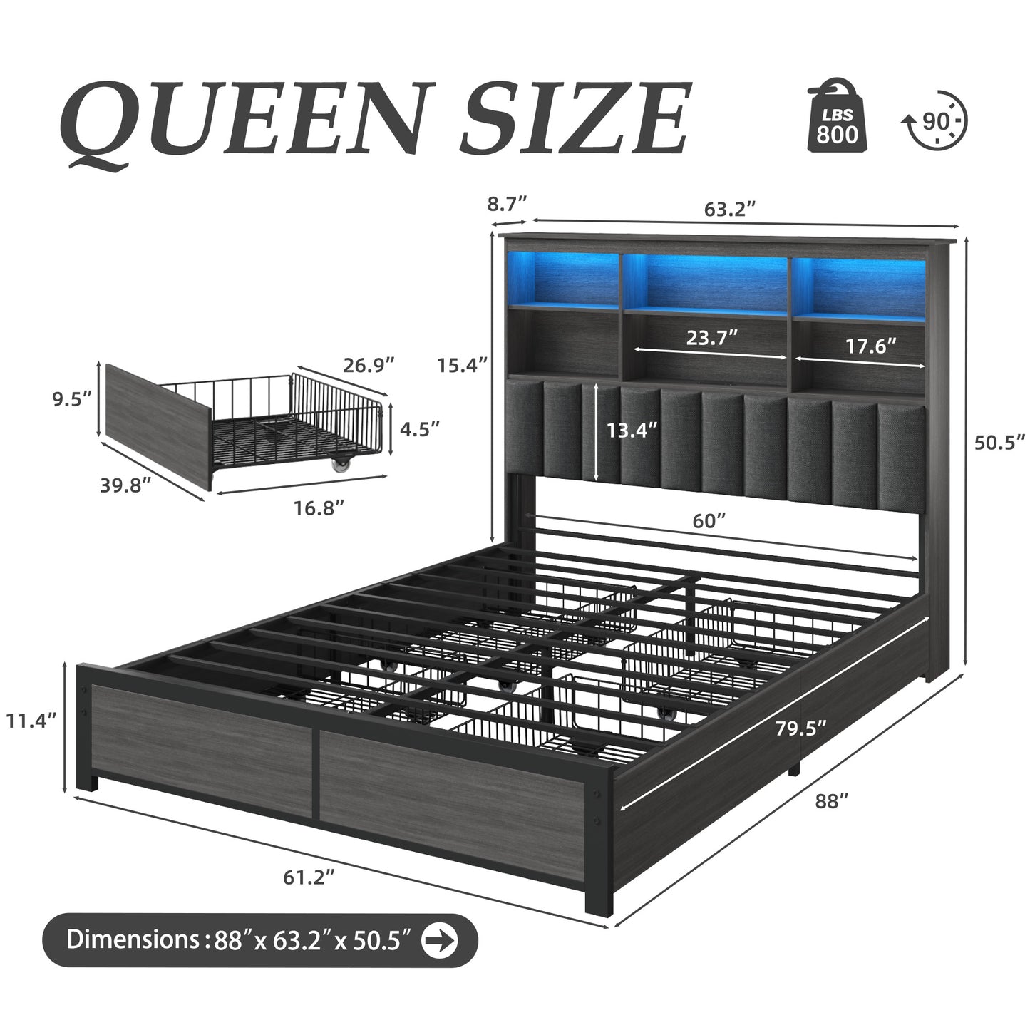 Fluest Queen/Full Bed Frame with Headboard, Metal Platform Queen Bed Frame with High Bookcase Headboard, 4 Storage Drawers & Charging Station & LED, Noise-Free, NO Box Spring Needed,Rustic Grey/Vintage Brown