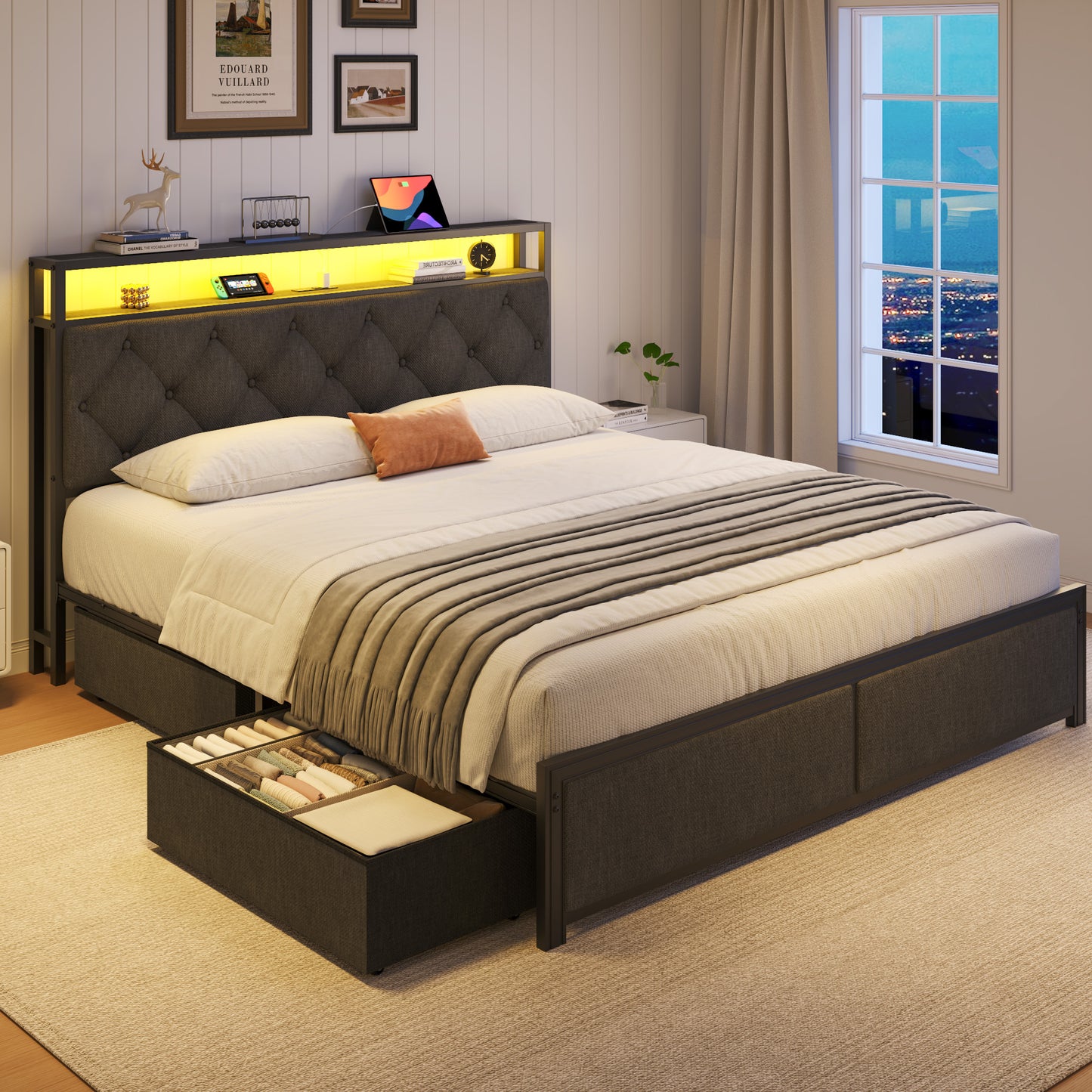 Fluest Queen Bed Frame with Headboard, Storage Drawers, Fast Charging Station, Led Lights, Bed Frame Queen Size with Fabric Drawers, Metal Structure, No Box Spring Needed, Easy Assembly