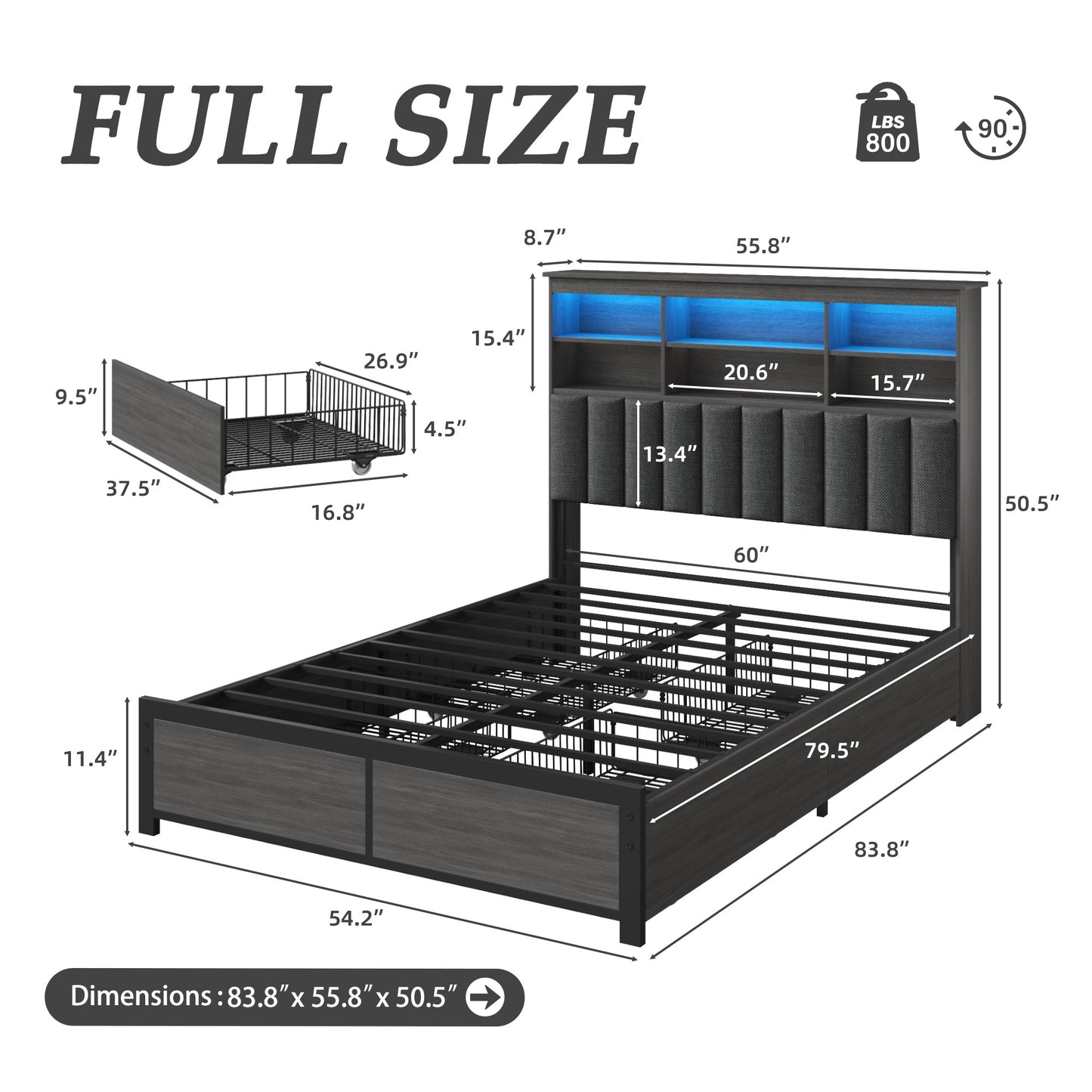 Fluest Queen/Full Bed Frame with Headboard, Metal Platform Queen Bed Frame with High Bookcase Headboard, 4 Storage Drawers & Charging Station & LED, Noise-Free, NO Box Spring Needed,Rustic Grey/Vintage Brown