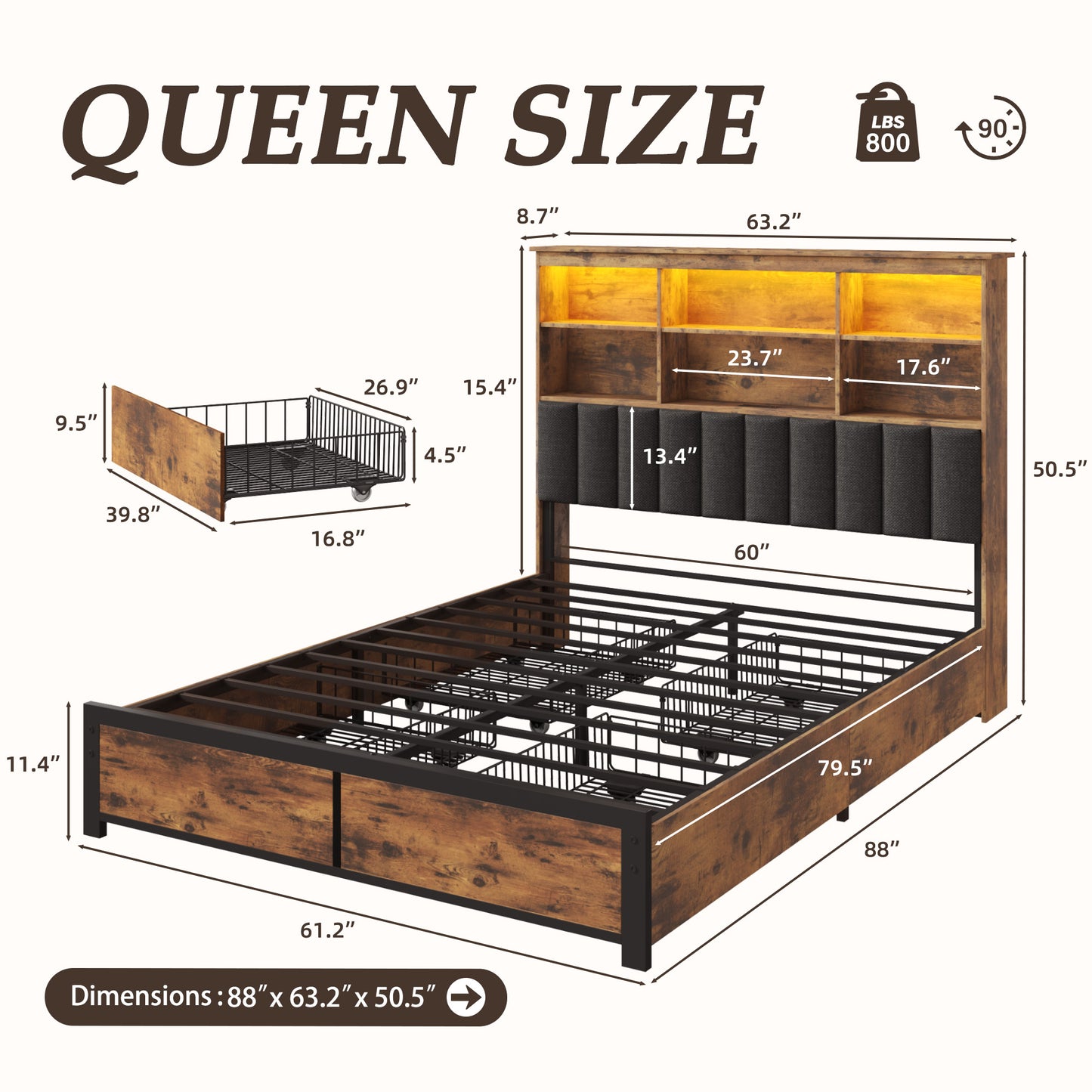 Fluest Queen/Full Bed Frame with Headboard, Metal Platform Queen Bed Frame with High Bookcase Headboard, 4 Storage Drawers & Charging Station & LED, Noise-Free, NO Box Spring Needed,Rustic Grey/Vintage Brown