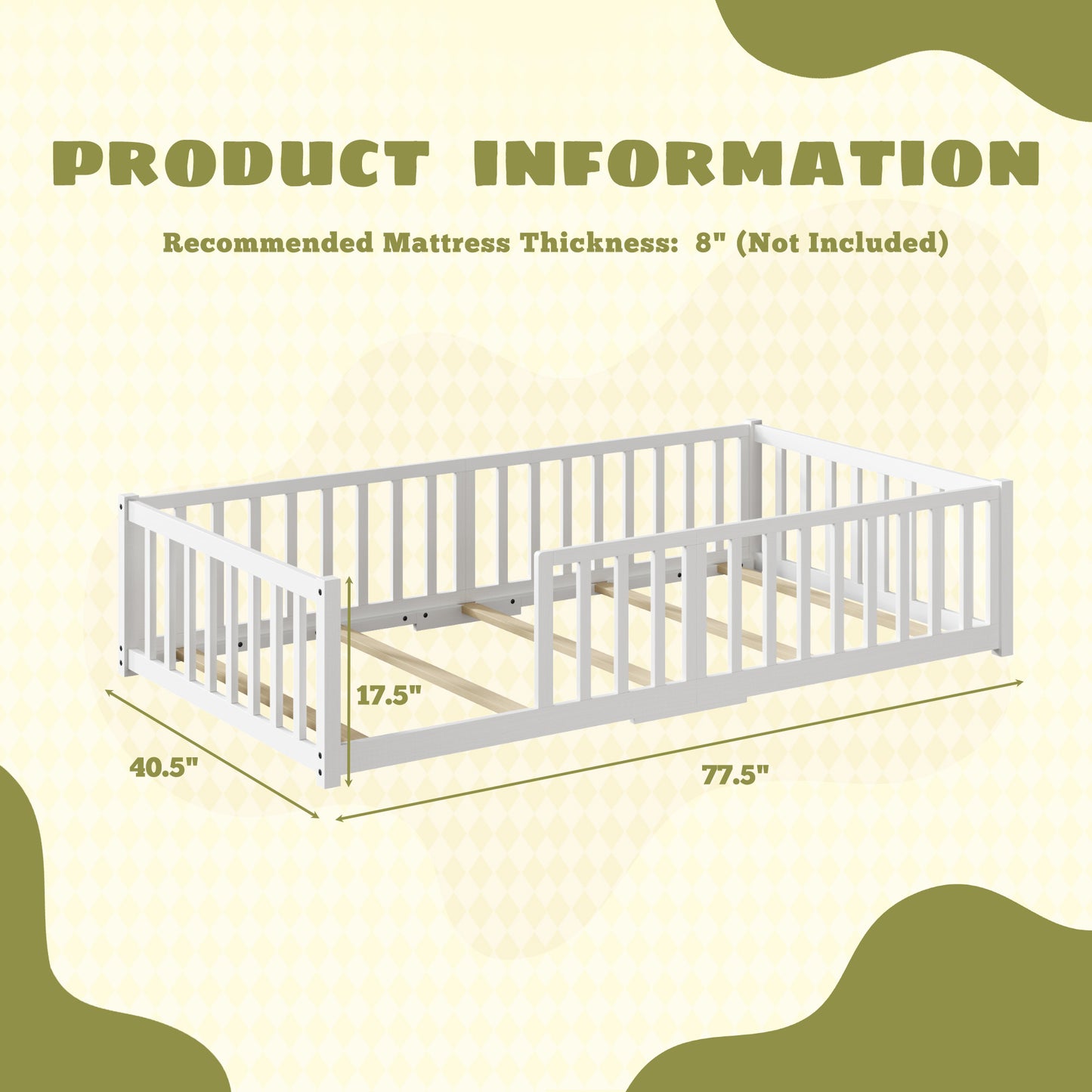 Fluest Toddler Floor Bed with Wood Slats, Twin Size Montessori Bed Frame for Girls and Boys, Toddler Bed with high Safety Guardrails, No Box Spring Needed