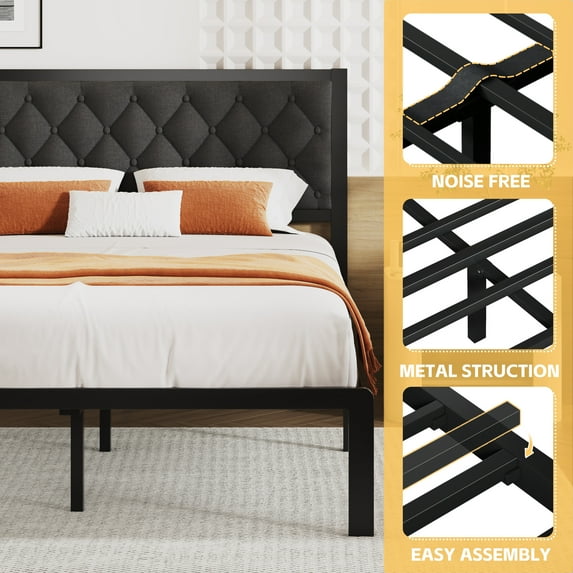 Linen Upholstered Bed Frame with Headboard, All Metal Slats Support, Queen Size