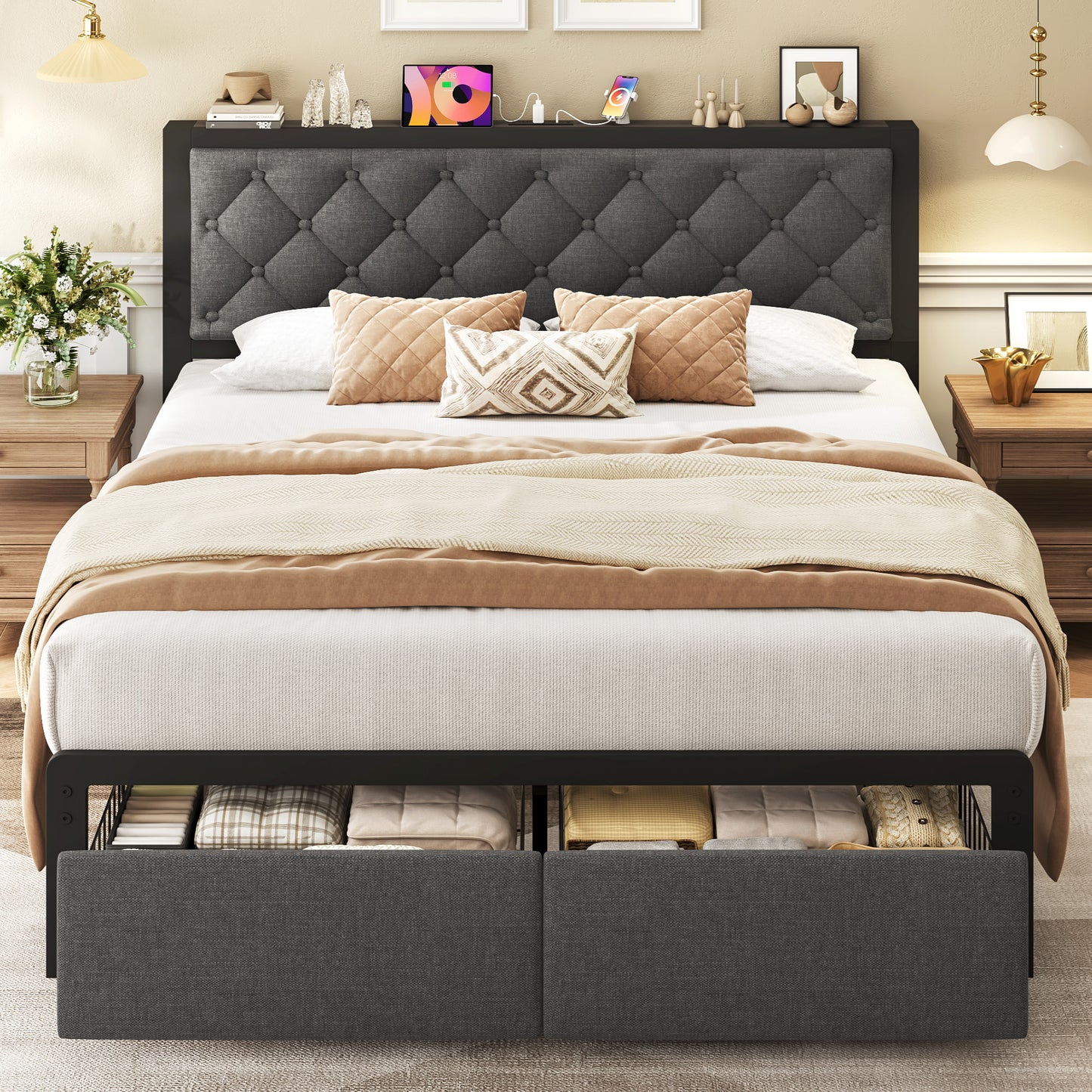 Queen Bed Frame with 2 Storage Drawers, Upholstered Headboard Button Tufted Bed Frame with Charging Station, No Box Spring Needed, Noise-Free, All Metal Structure, Black