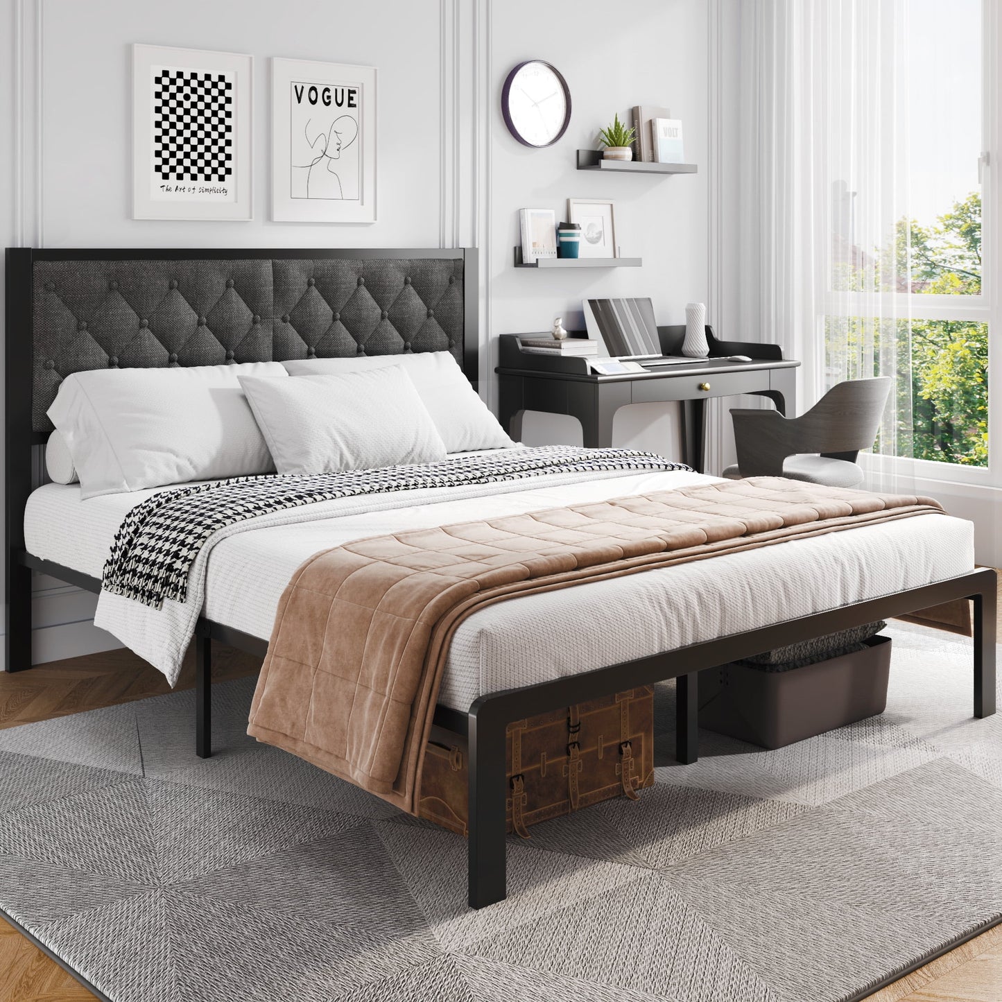 Fluest Bed Frame with Linen Upholstered Headboard, Metal Support, Queen Size, Black