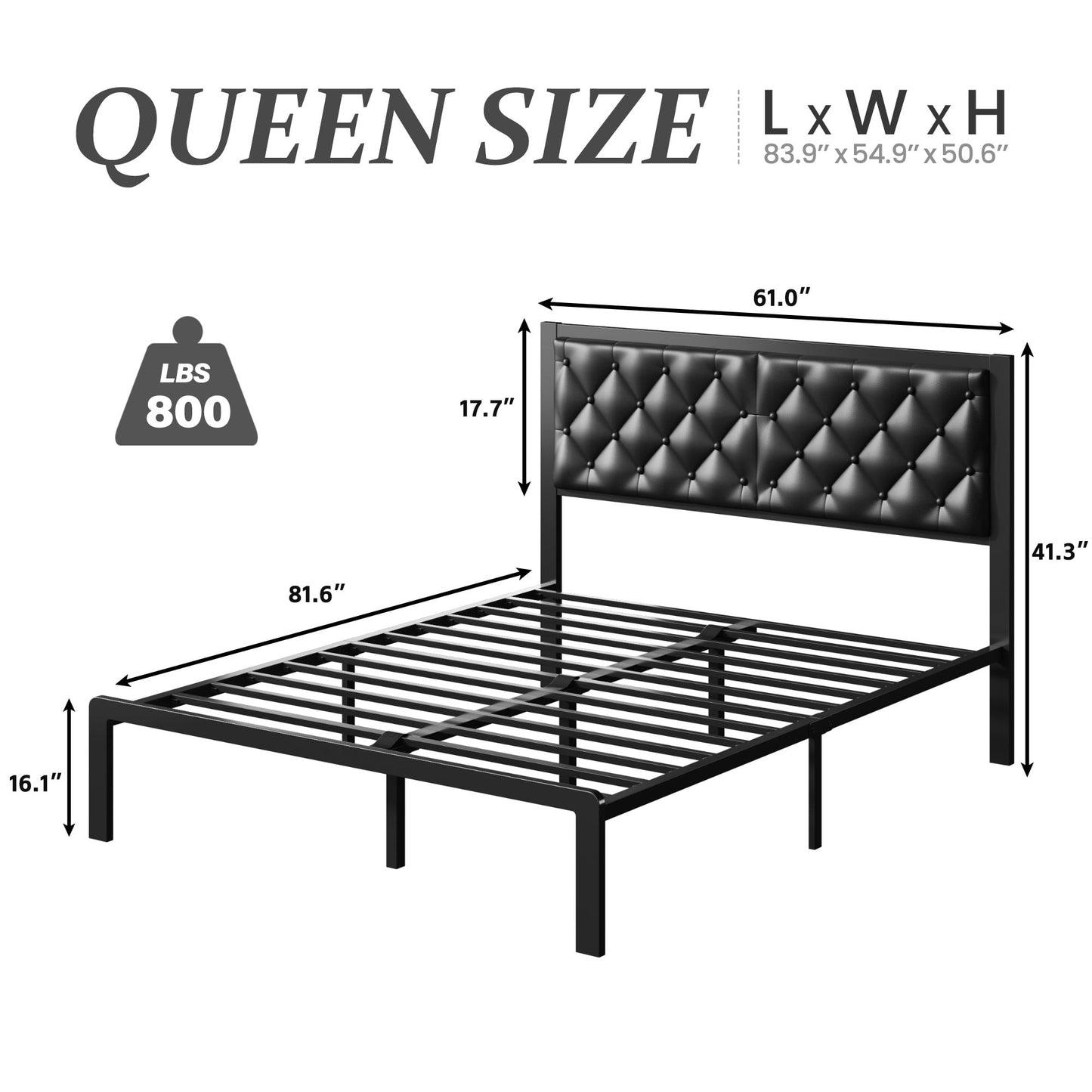 Fluest Bed Frame with Headboard PU Leather Upholstered, All Metal Slats Support Platform, Queen, Black