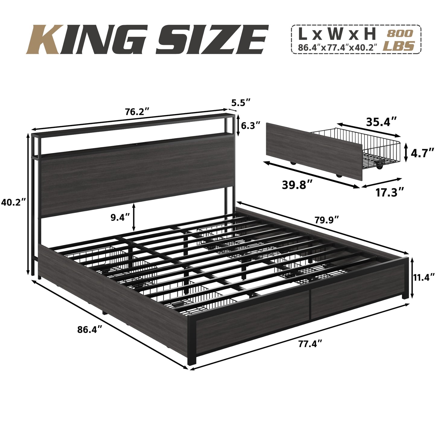 Fluest King Bed Frame with 2-Tier Storage Headboard, USB Port and LED Light, 4 Storage Drawers, Gray