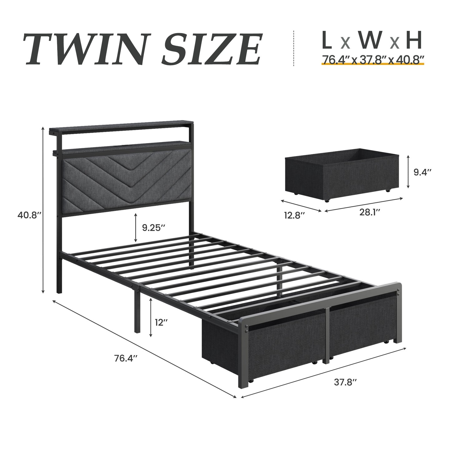 Fluest Queen Bed Frame wit Storage Drawers, Upholstered Headboard with Charging Station, LED Lights, Fabric Drawers with Wheels, Under Bed Storage, No Box Spring Needed, Easy Assembly, Grey