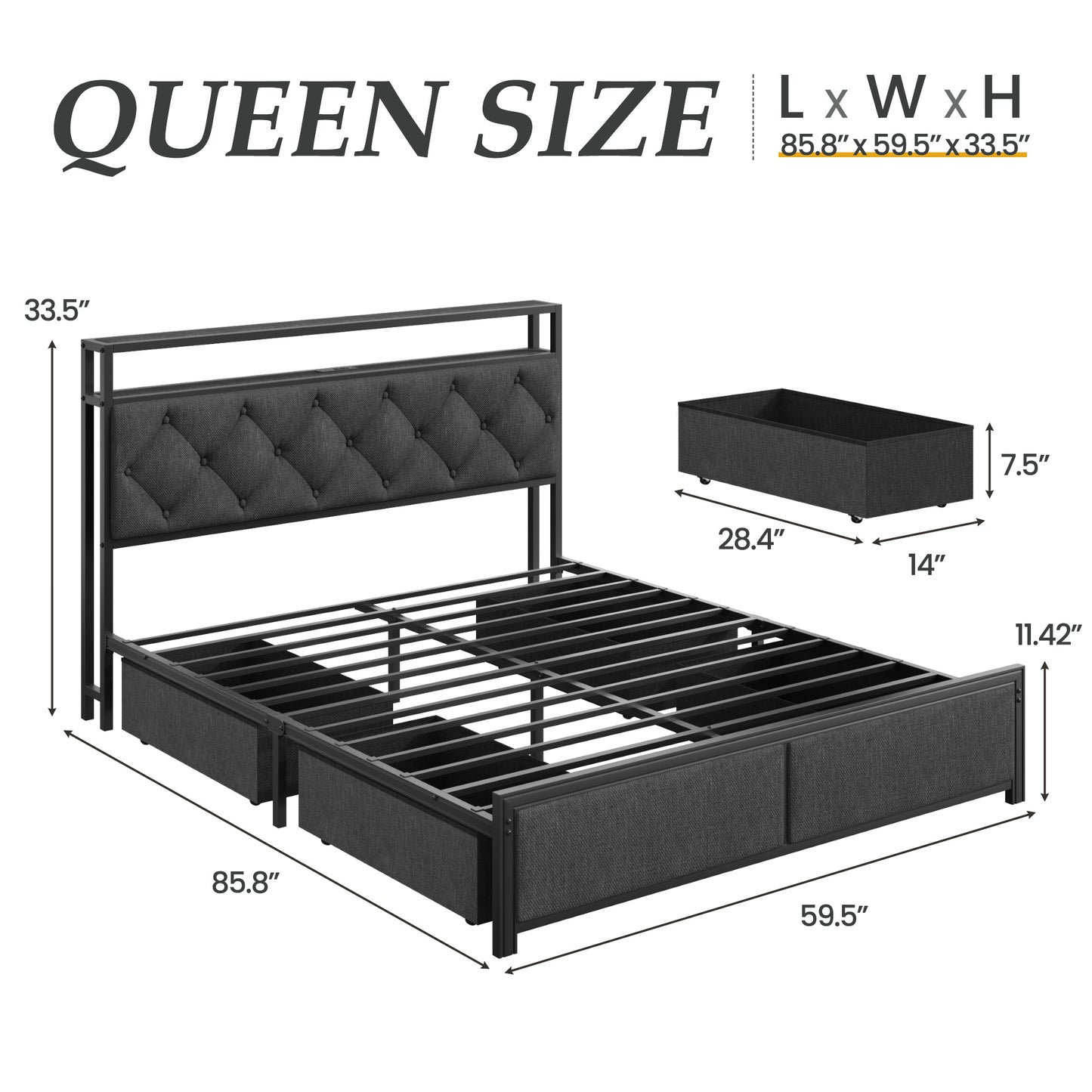 Fluest Queen Bed Frame with Headboard, Storage Drawers, Fast Charging Station, Led Lights, Bed Frame Queen Size with Fabric Drawers, Metal Structure, No Box Spring Needed, Easy Assembly
