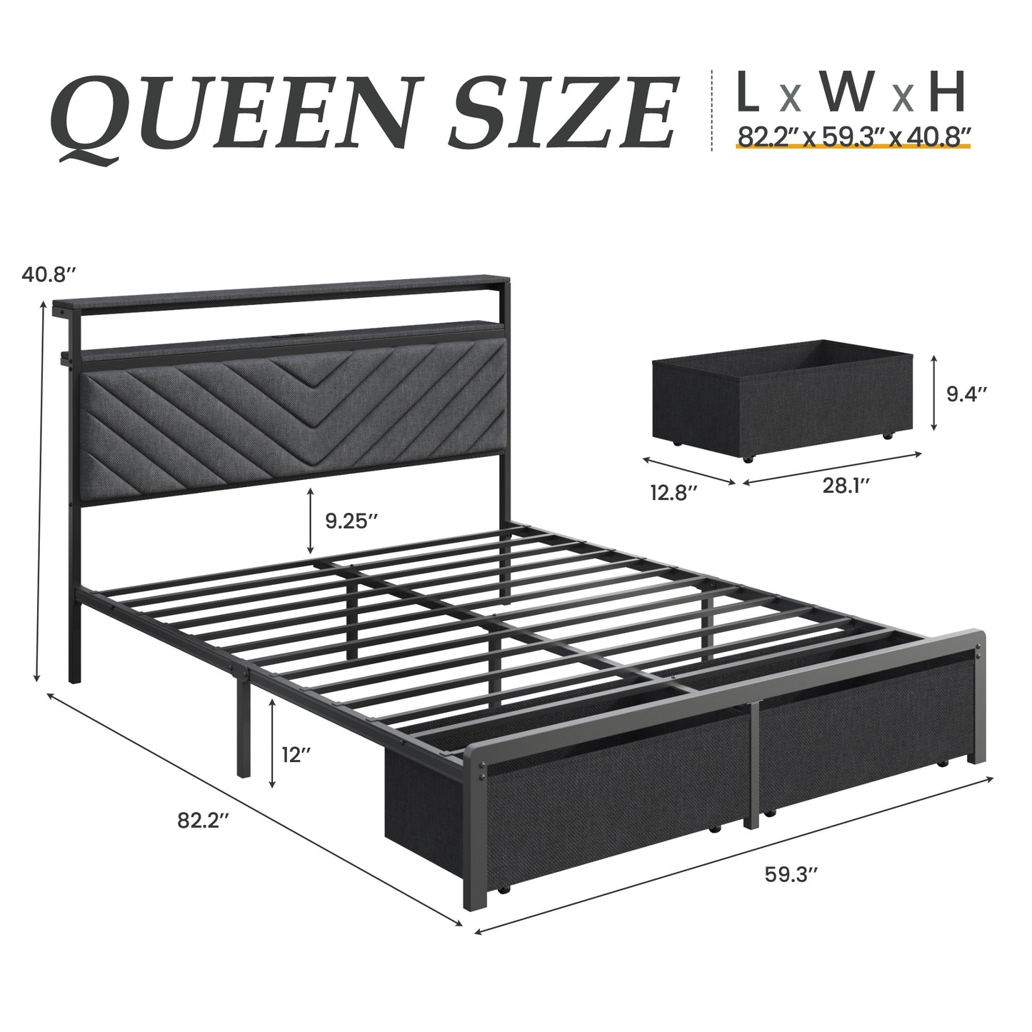 Fluest Queen Bed Frame wit Storage Drawers, Upholstered Headboard with Charging Station, LED Lights, Fabric Drawers with Wheels, Under Bed Storage, No Box Spring Needed, Easy Assembly, Grey