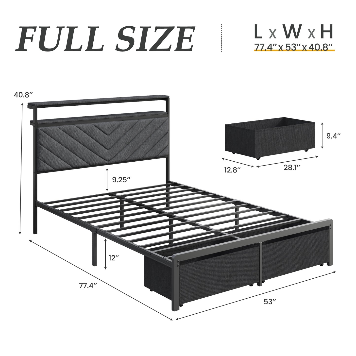 Fluest Queen Bed Frame wit Storage Drawers, Upholstered Headboard with Charging Station, LED Lights, Fabric Drawers with Wheels, Under Bed Storage, No Box Spring Needed, Easy Assembly, Grey