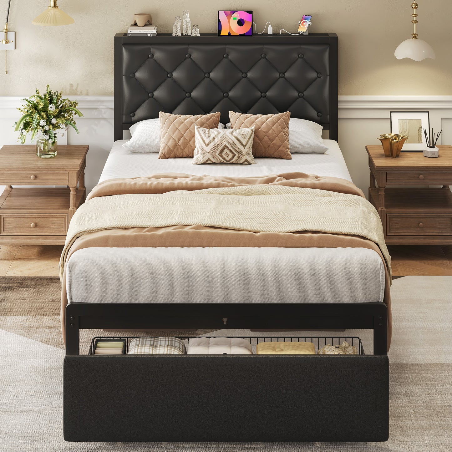 Queen Bed Frame with 2 Storage Drawers, Upholstered Headboard Button Tufted Bed Frame with Charging Station, No Box Spring Needed, Noise-Free, All Metal Structure, Black