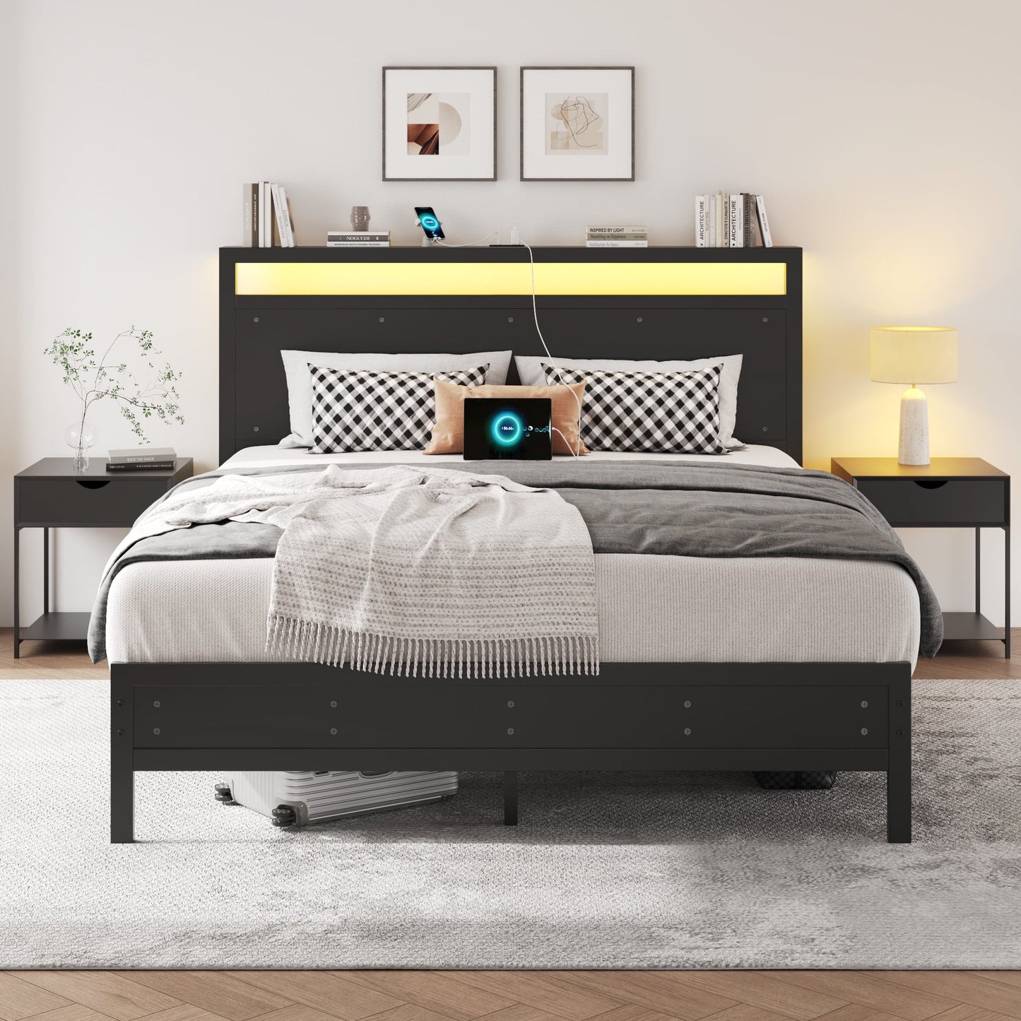 Fluest  Queen Bed Frame with LED Headboard & Charging Station, Noise-Free, No Box Spring Needed, Classic Black