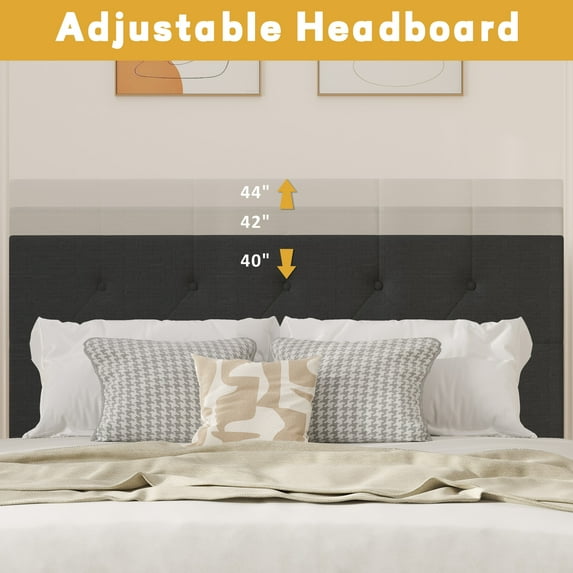 Bed Frame with Linen Upholstered Headboard, Platform Bed Frame, Queen, 4 Storage Drawers, Grey