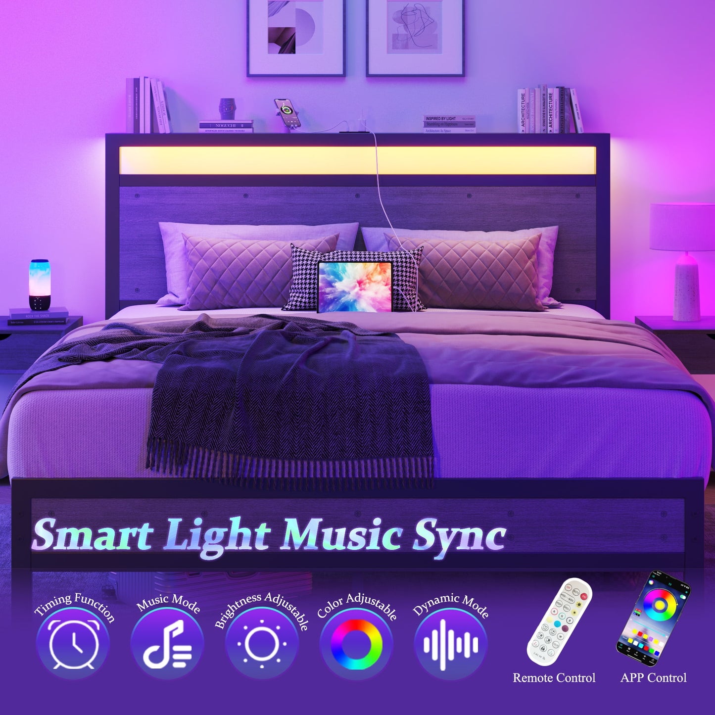 Fluest Queen Bed Frame with LED Headboard & Charging Station, Noise-Free, No Box Spring Needed, Rustic Grey