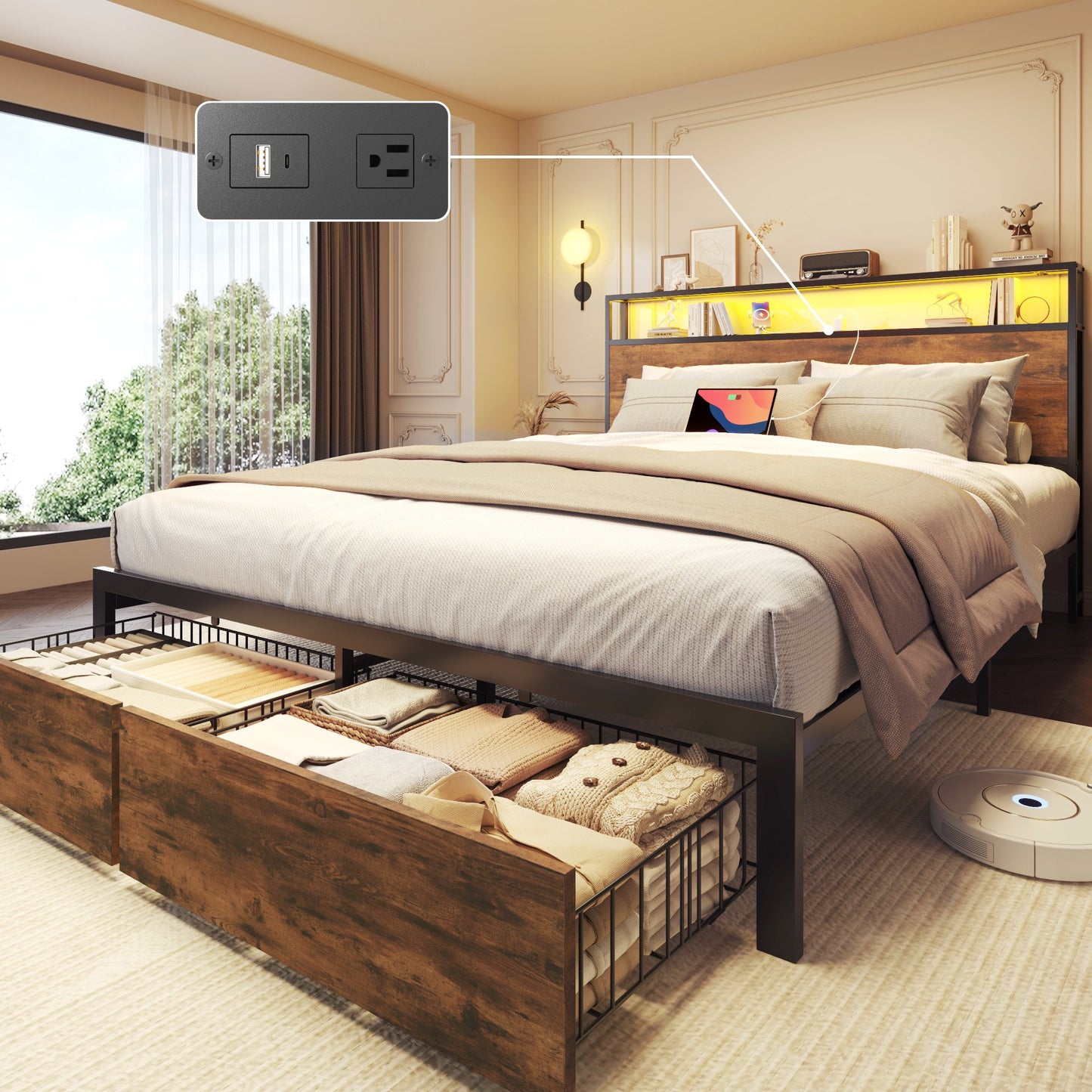 Queen Bed Frame with Headboard and Storage,2-Tier Storage Headboard & Foot-Board Drawers, Rustic Brown