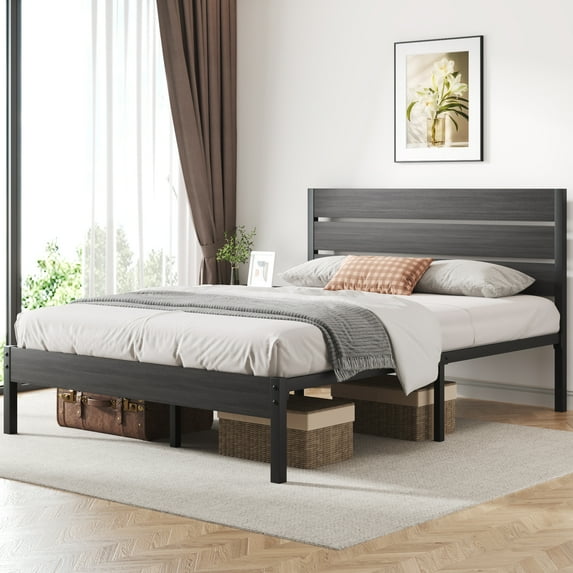 Fluest Queen Size Bed Frame with Headboard and Footboard,Metal Support,No Box Spring Needed, Grey