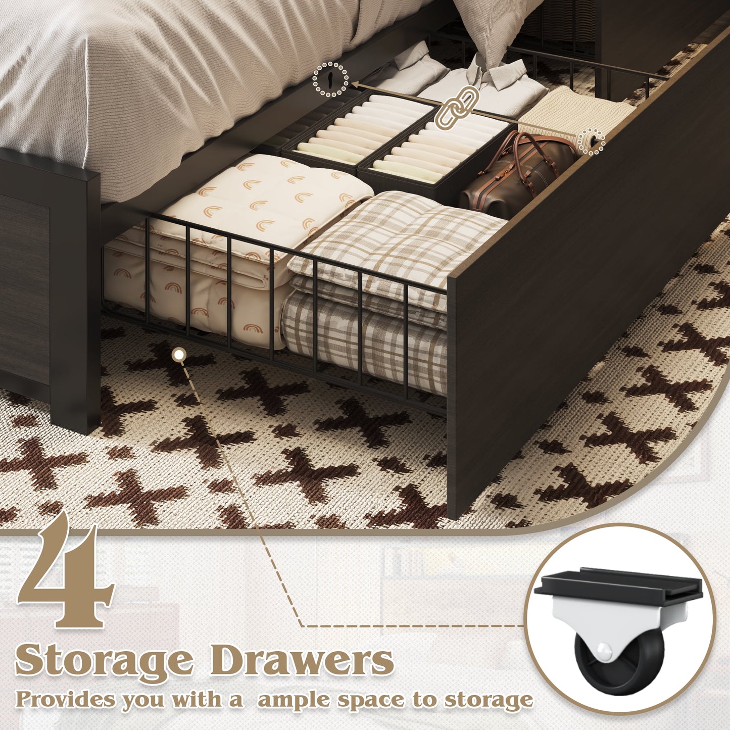 Fluest King Bed Frame with 2-Tier Storage Headboard, USB Port and LED Light, 4 Storage Drawers, Gray