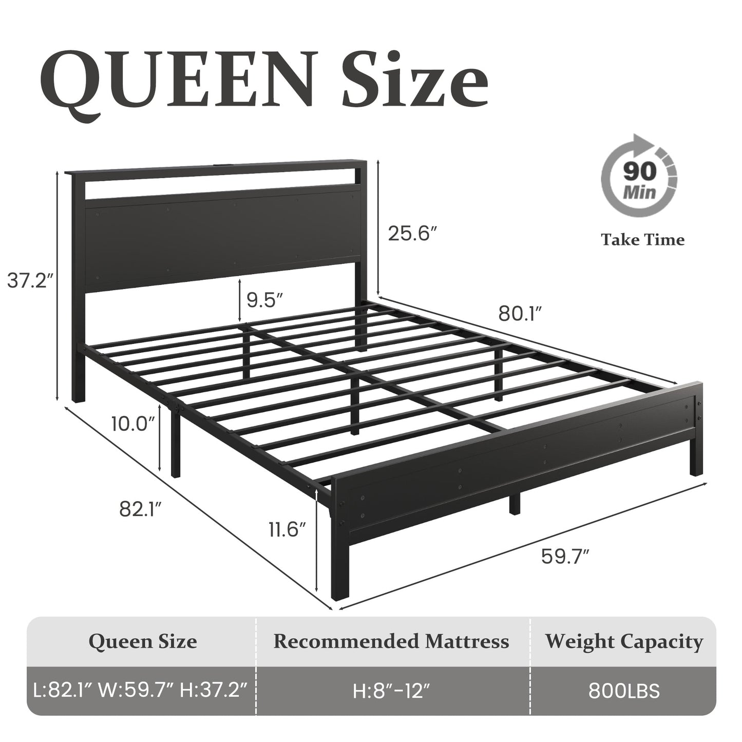 Fluest Queen Bed Frame with LED Headboard & Charging Station, Noise-Free, No Box Spring Needed, Classic Black
