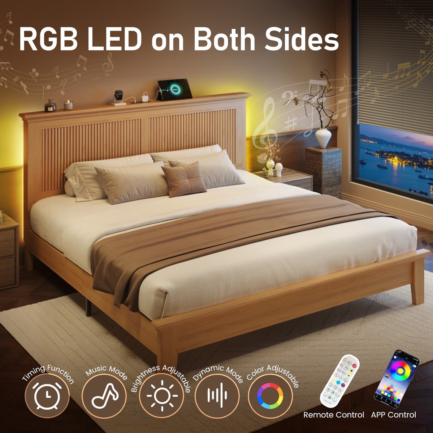 Solid Wood High Headboard and Charging Station Bed Frame, Queen