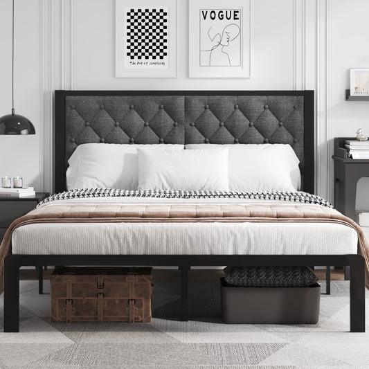 Fluest Bed Frame with Linen Upholstered Headboard, Metal Support, Queen Size, Black