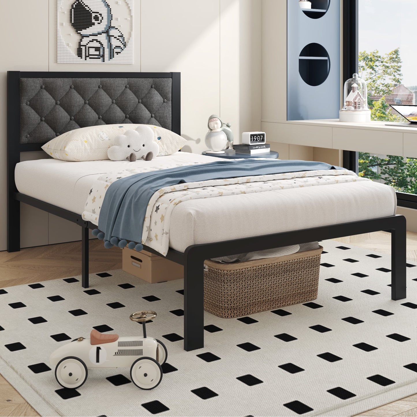 Fluest Bed Frame with Headboard Linen Upholstered, All Metal Slats Support Platform, Twin, Grey