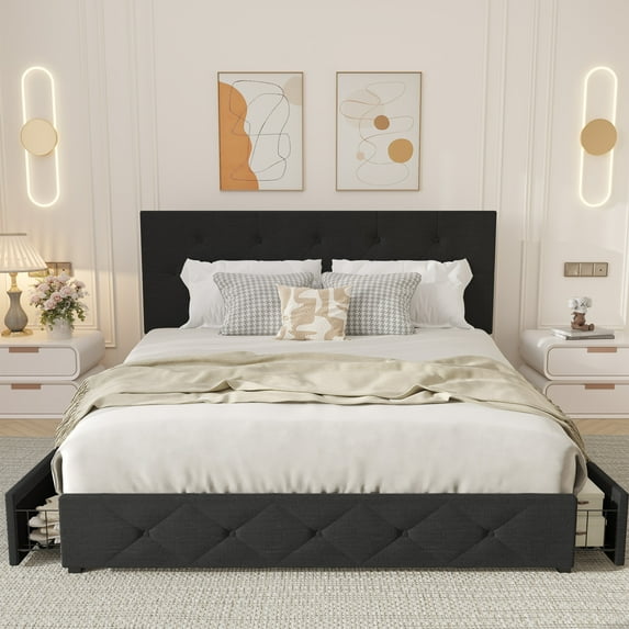 Bed Frame with Linen Upholstered Headboard, Platform Bed Frame, Queen, 4 Storage Drawers, Grey