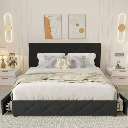 Bed Frame with Linen Upholstered Headboard, Platform Bed Frame, Queen, 4 Storage Drawers, Grey