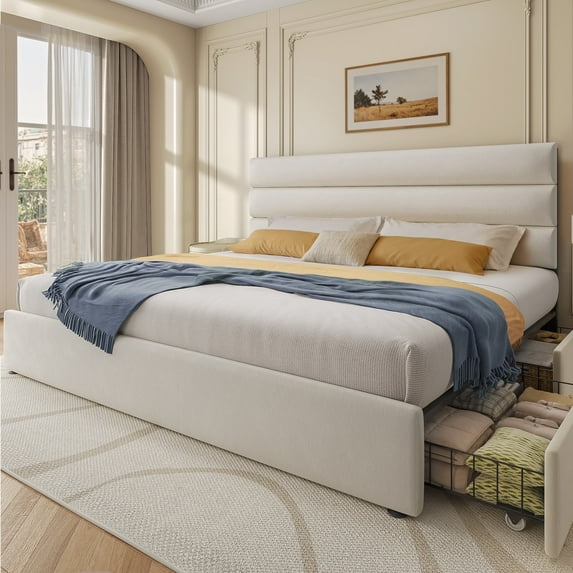 Bed Frame with Storage Drawers, Upholstered Headboard, Metal Support, King, Begie