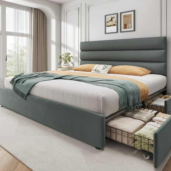 Bed Frame with Storage Drawers, Upholstered Headboard, Metal Support, King, Grey