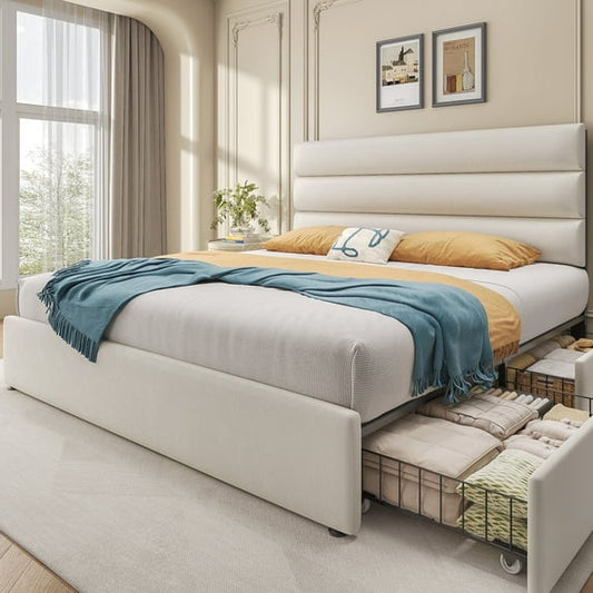 Bed Frame with Storage Drawers, Upholstered Headboard, Metal Support, Queen, Begie