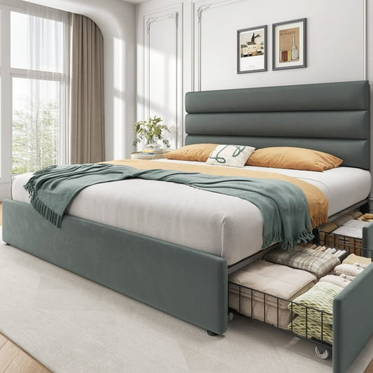 Bed Frame with Storage Drawers, Upholstered Headboard, Metal Support, Queen, Grey