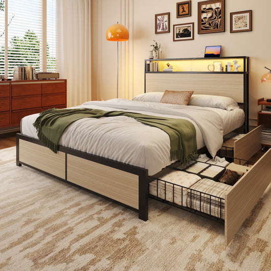 Fluest Full Bed Frame with 2-Tier Storage Headboard, USB Port and LED Light, 4 Storage Drawers, Begie