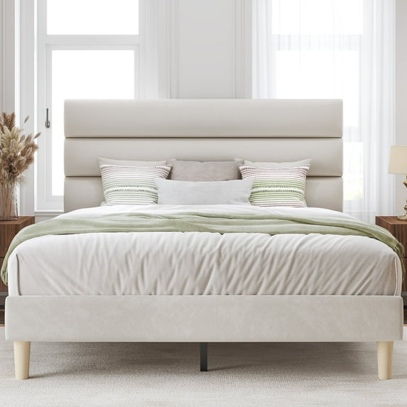 Fluest Full Bed Frame with Velvet Upholstered Headboard, Metal Support, No Box Spring Needed, Noise Free, Easy Assembly, Beige