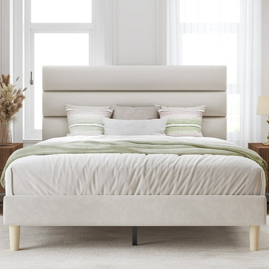 Fluest Full Bed Frame with Velvet Upholstered Headboard, Metal Support, No Box Spring Needed, Noise Free, Easy Assembly, Beige